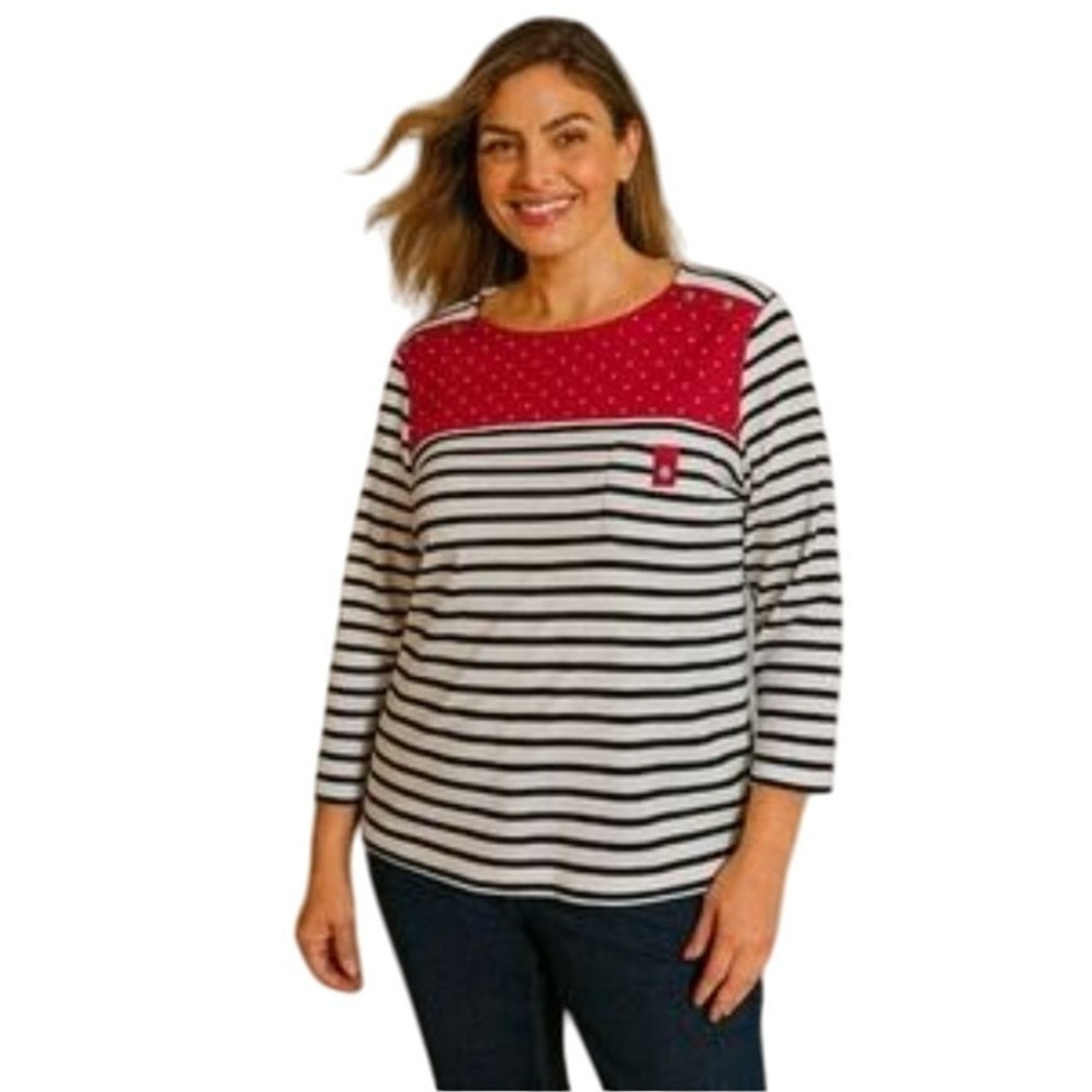Karen Scott‎ Striped Red Polka Dot 3/4 Sleeve T Shirt Top Size Small NWT